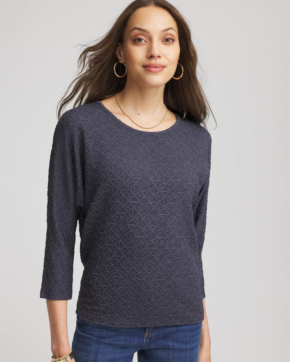 Chico's | Textured Denim-Motif Tapered-Hem Top/ Denim