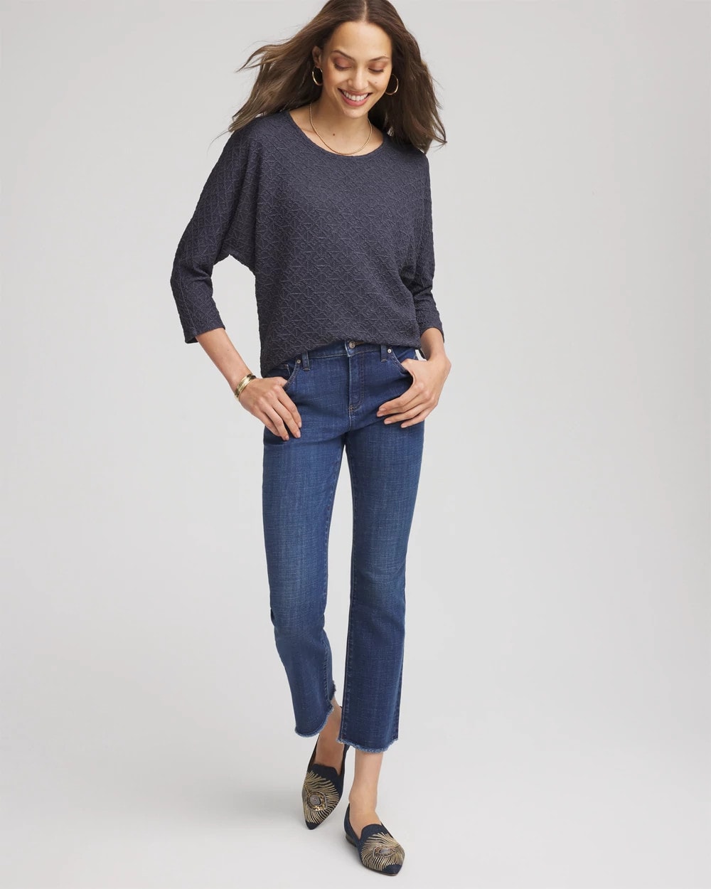 Chico's | Textured Denim-Motif Tapered-Hem Top/ Denim