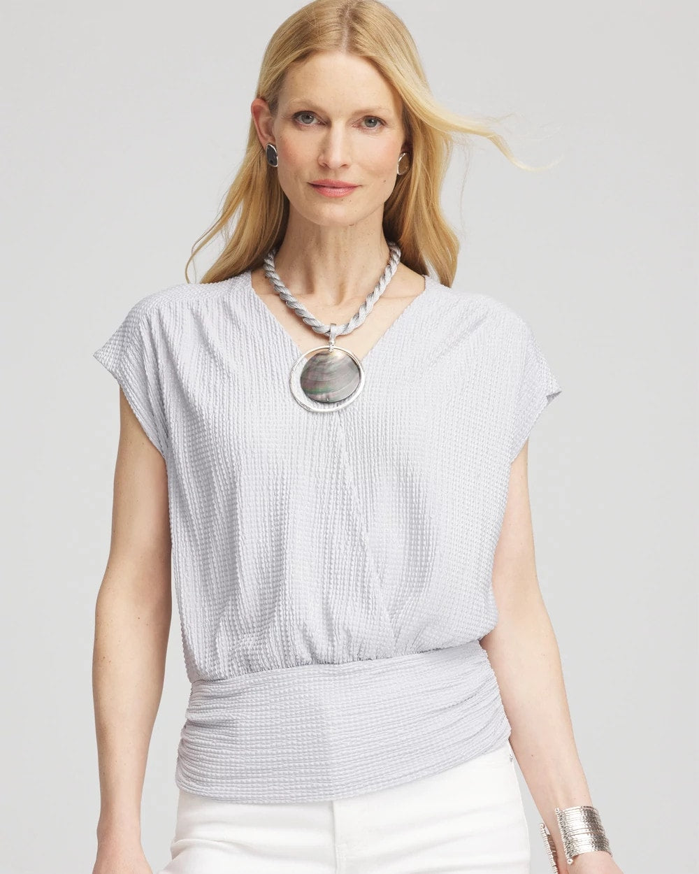 Chico's | Foiled Knit Banded Bottom Top/ Dove Gray
