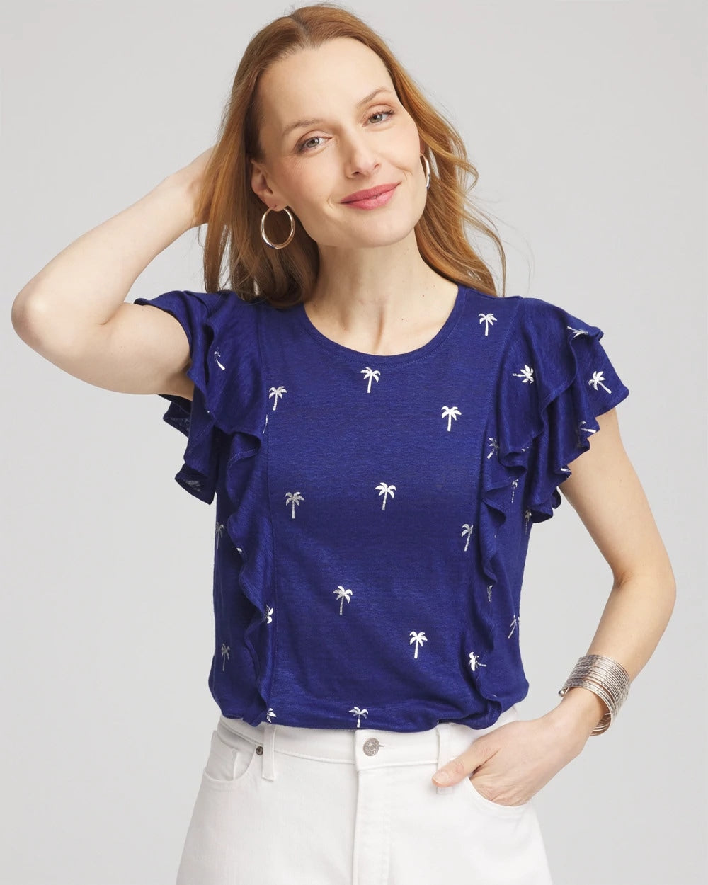 Chico's | Foiled Flutter-Sleeve Linen Tee/ Blue Casa
