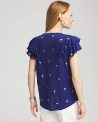 Chico's | Foiled Flutter-Sleeve Linen Tee/ Blue Casa