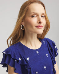 Chico's | Foiled Flutter-Sleeve Linen Tee/ Blue Casa