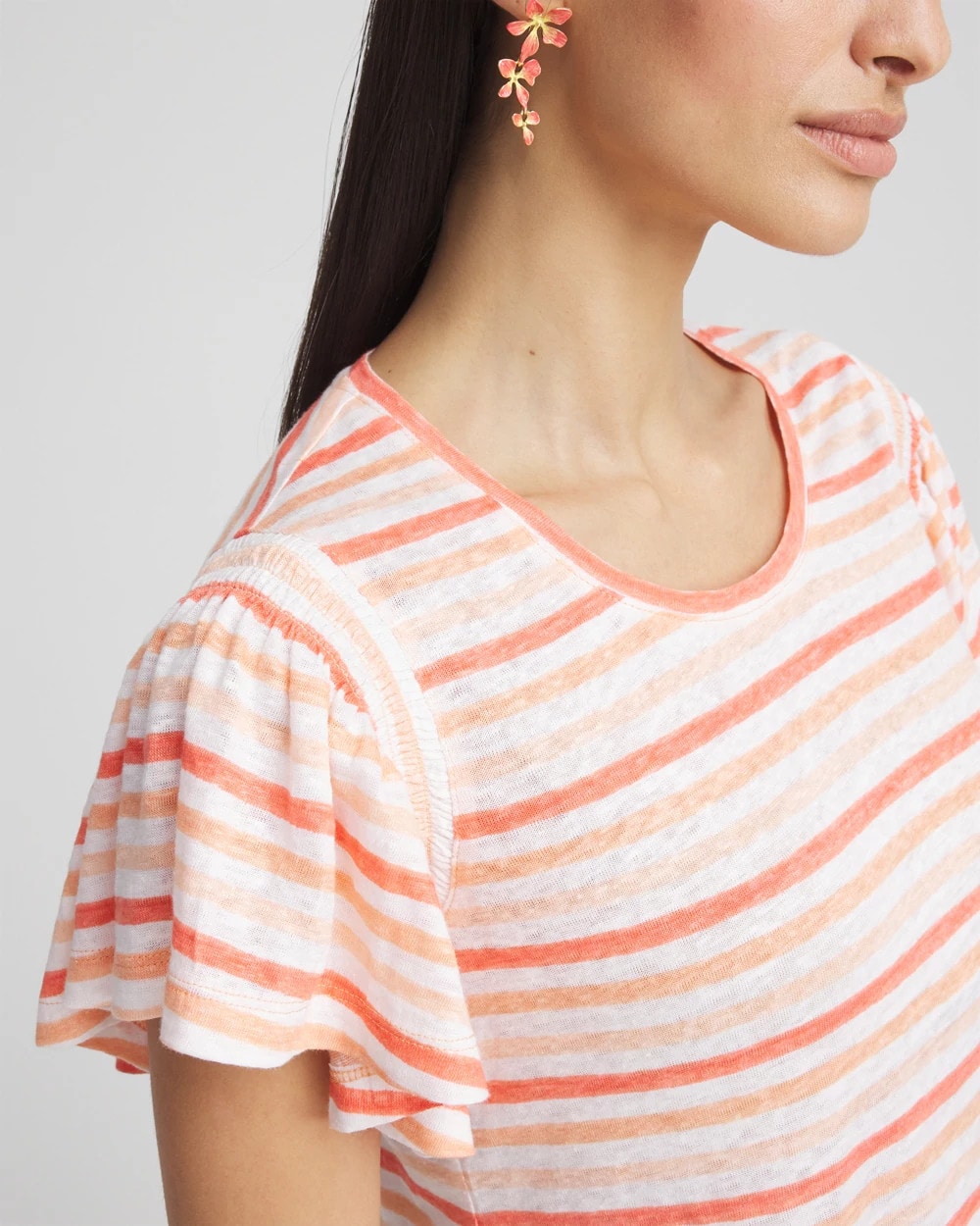 Chico's | Striped Linen Smocked Flutter-Sleeved Tee/ Melon Mambo
