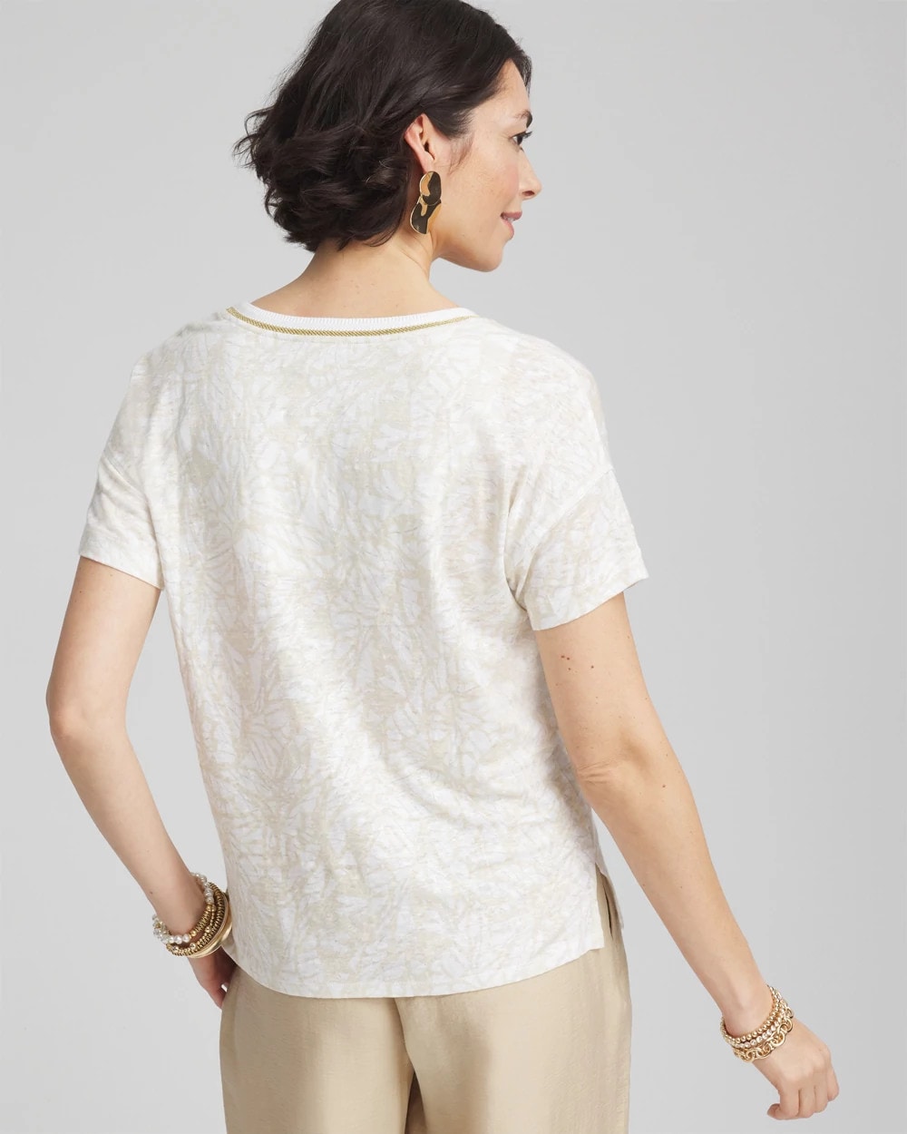 Chico's | Printed Sweater Trim Linen Tee/ River Rock