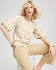 Chico's | Animal Print Bubble Sleeve Top/ Glistening Sand