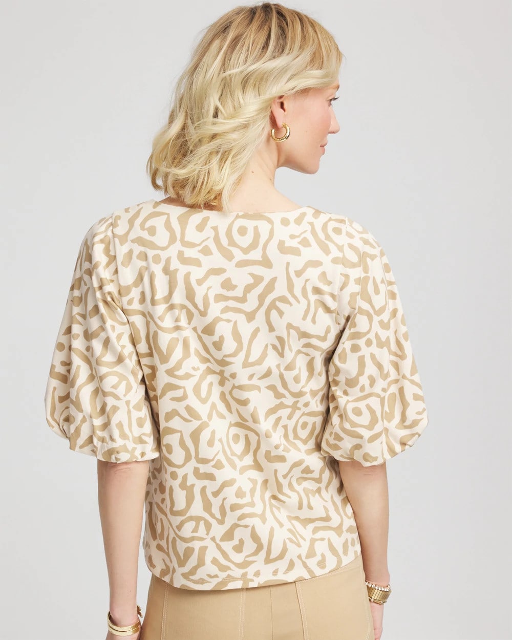 Chico's | Animal Print Bubble Sleeve Top/ Glistening Sand