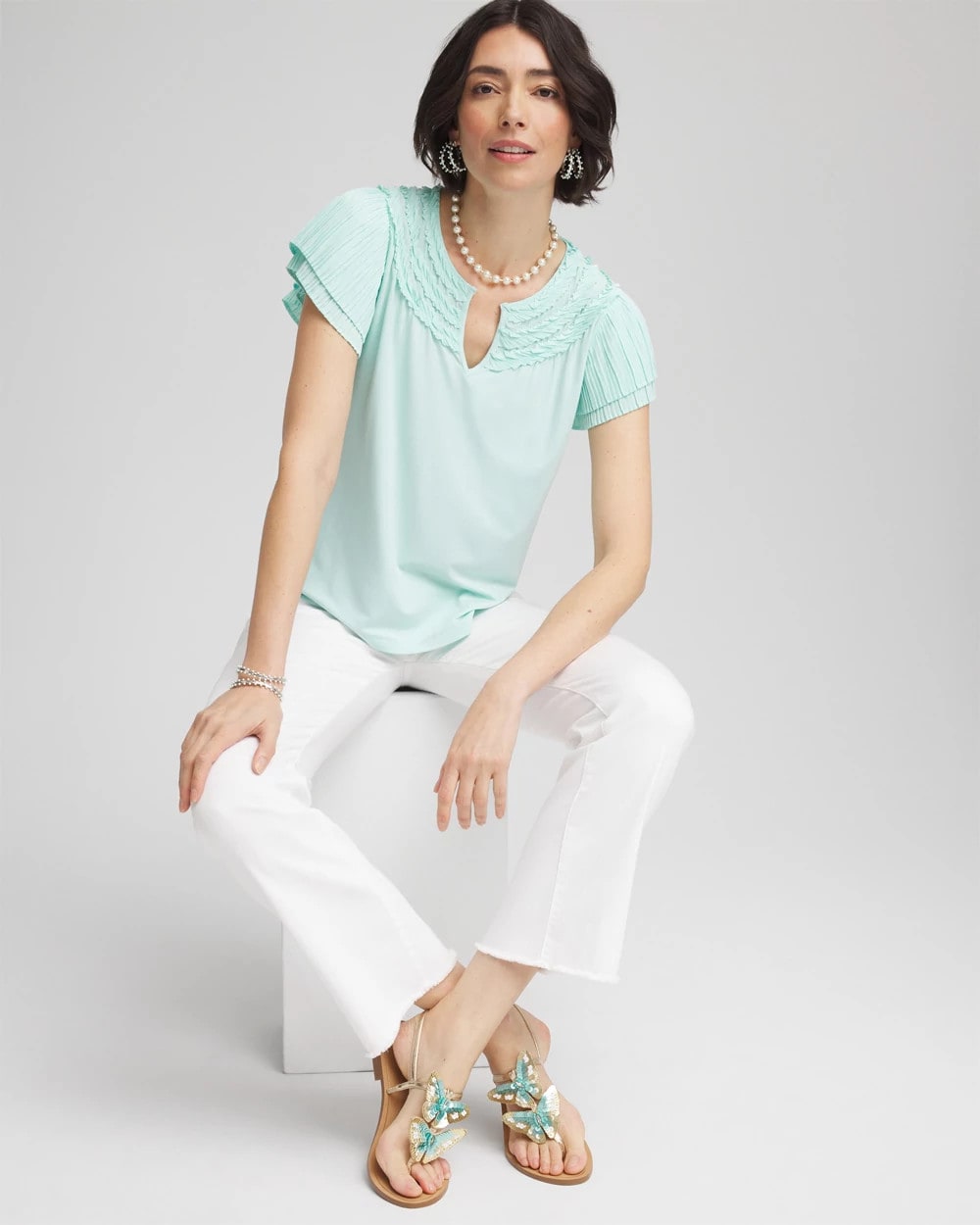 Chico's | Touch of Cool™ Layered Pleated Flutter Tee/ Teal Waters