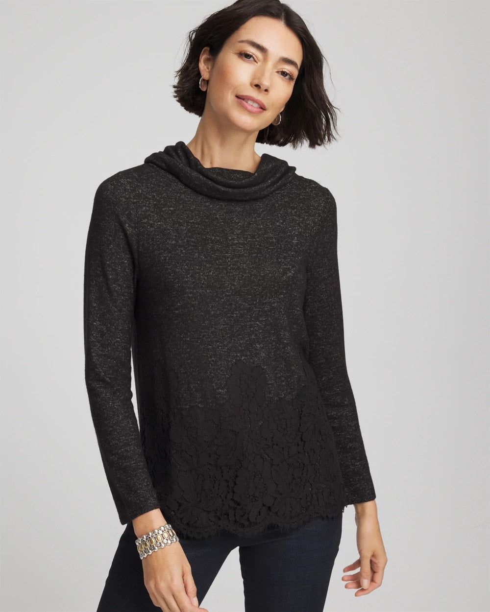 Chico's | Lace Hem Cowlneck Top/ Black