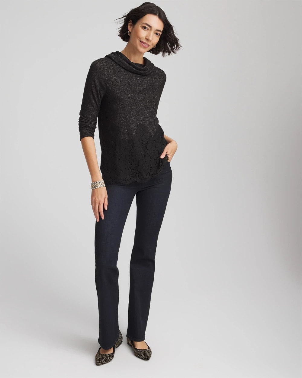 Chico's | Lace Hem Cowlneck Top/ Black