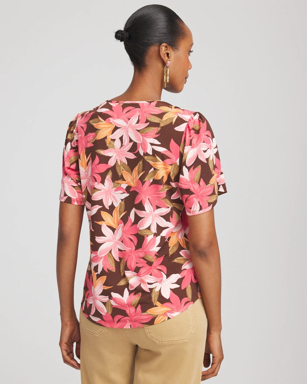 Chico's | Floral Petal-Sleeve Voop Neck Tee/ Cacao