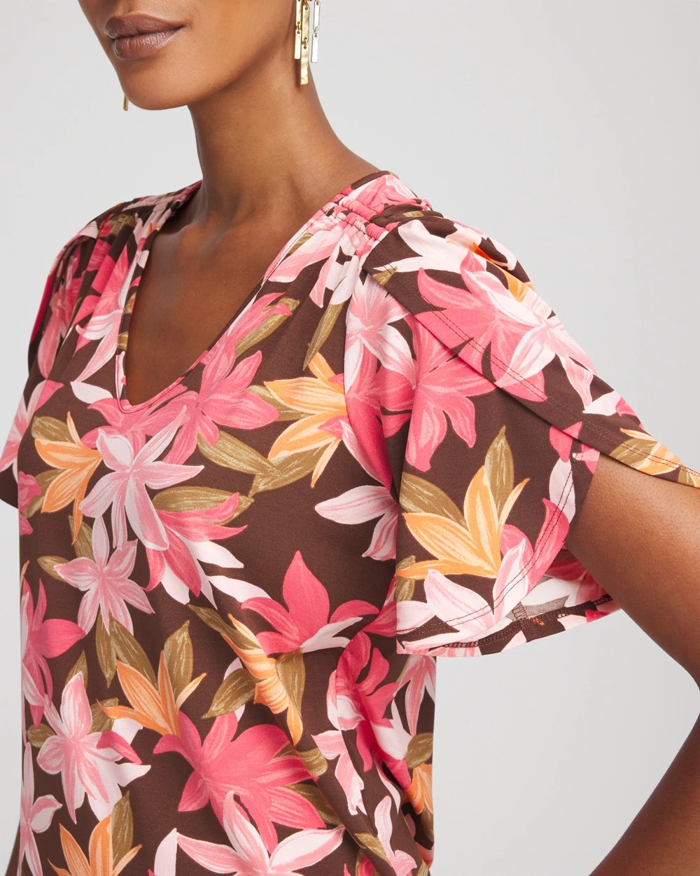Chico's | Floral Petal-Sleeve Voop Neck Tee/ Cacao