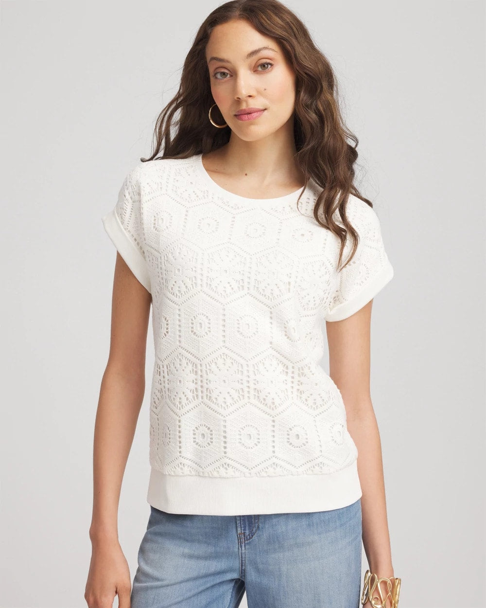 Chico's | Crocheted Cotton-Blend Shirt/ Ecru