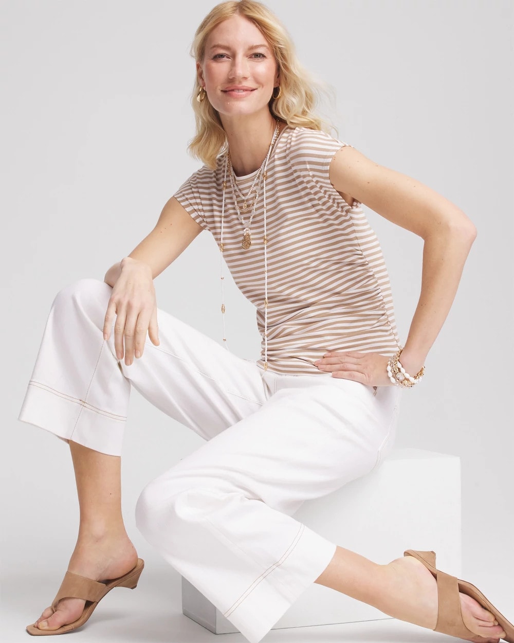 Chico's | Neutral Striped Cap Sleeve Dolman Tee/ Cafe Aroma