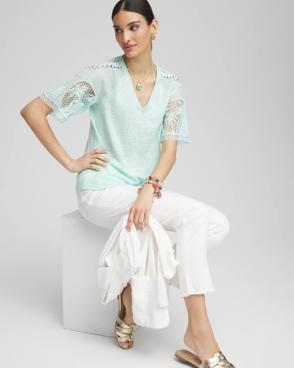 Chico's | Linen Crochet Lace Short Sleeve Tee/ Teal Waters