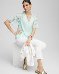 Chico's | Linen Crochet Lace Short Sleeve Tee/ Teal Waters
