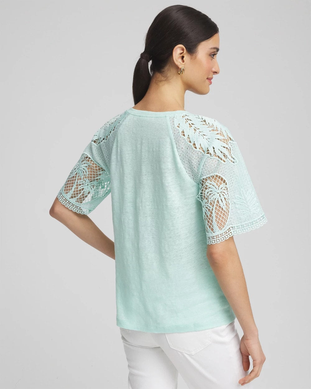 Chico's | Linen Crochet Lace Short Sleeve Tee/ Teal Waters