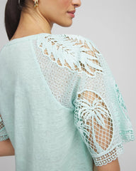 Chico's | Linen Crochet Lace Short Sleeve Tee/ Teal Waters