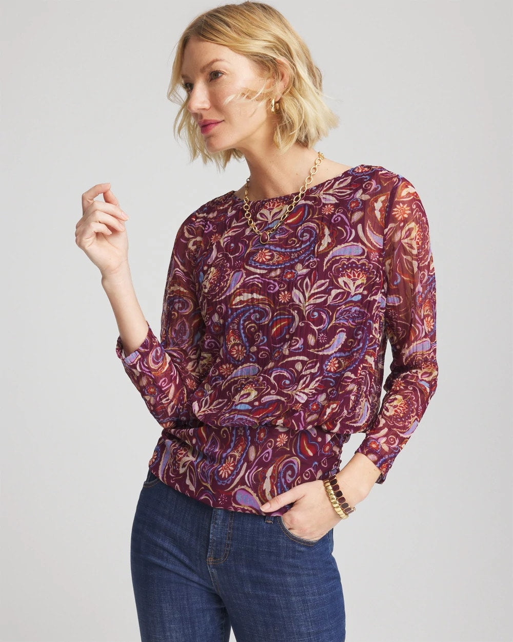 Chico's | Paisley Textured Banded-Hem Top/ Deep Chianti