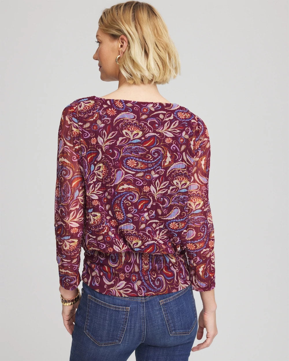 Chico's | Paisley Textured Banded-Hem Top/ Deep Chianti