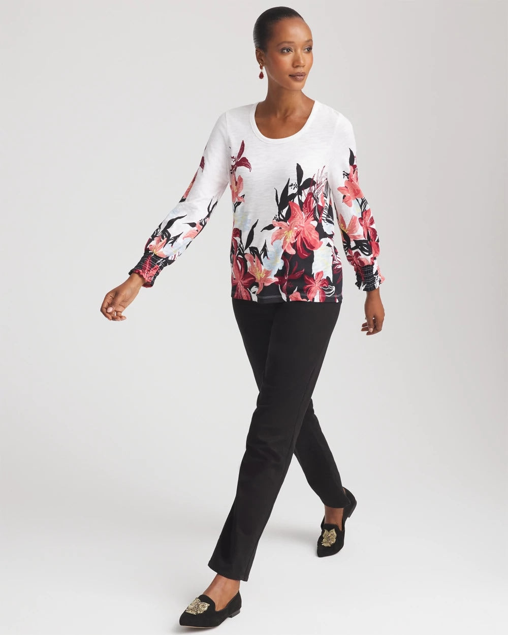 Chico's | Floral-Motif Smocked Cotton-Slub Tee/ Alabaster