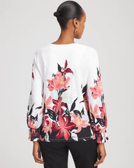 Chico's | Floral-Motif Smocked Cotton-Slub Tee/ Alabaster