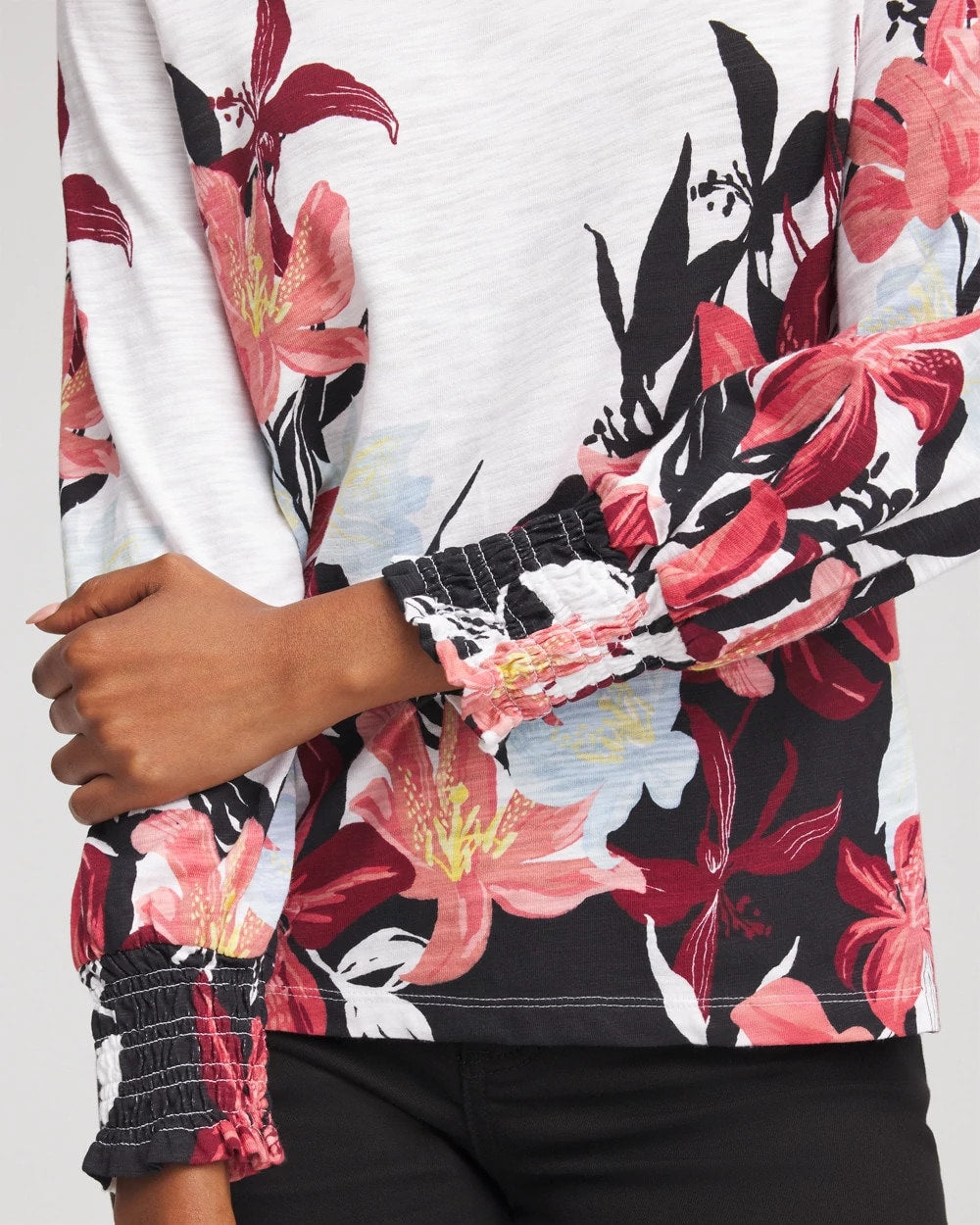 Chico's | Floral-Motif Smocked Cotton-Slub Tee/ Alabaster