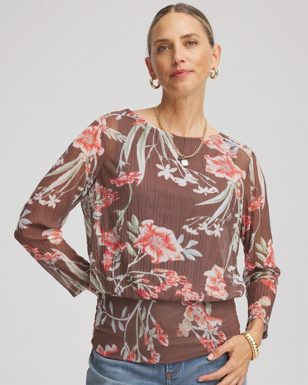 Chico's | Textured Banded-Hem Top/ Dried Mushroom