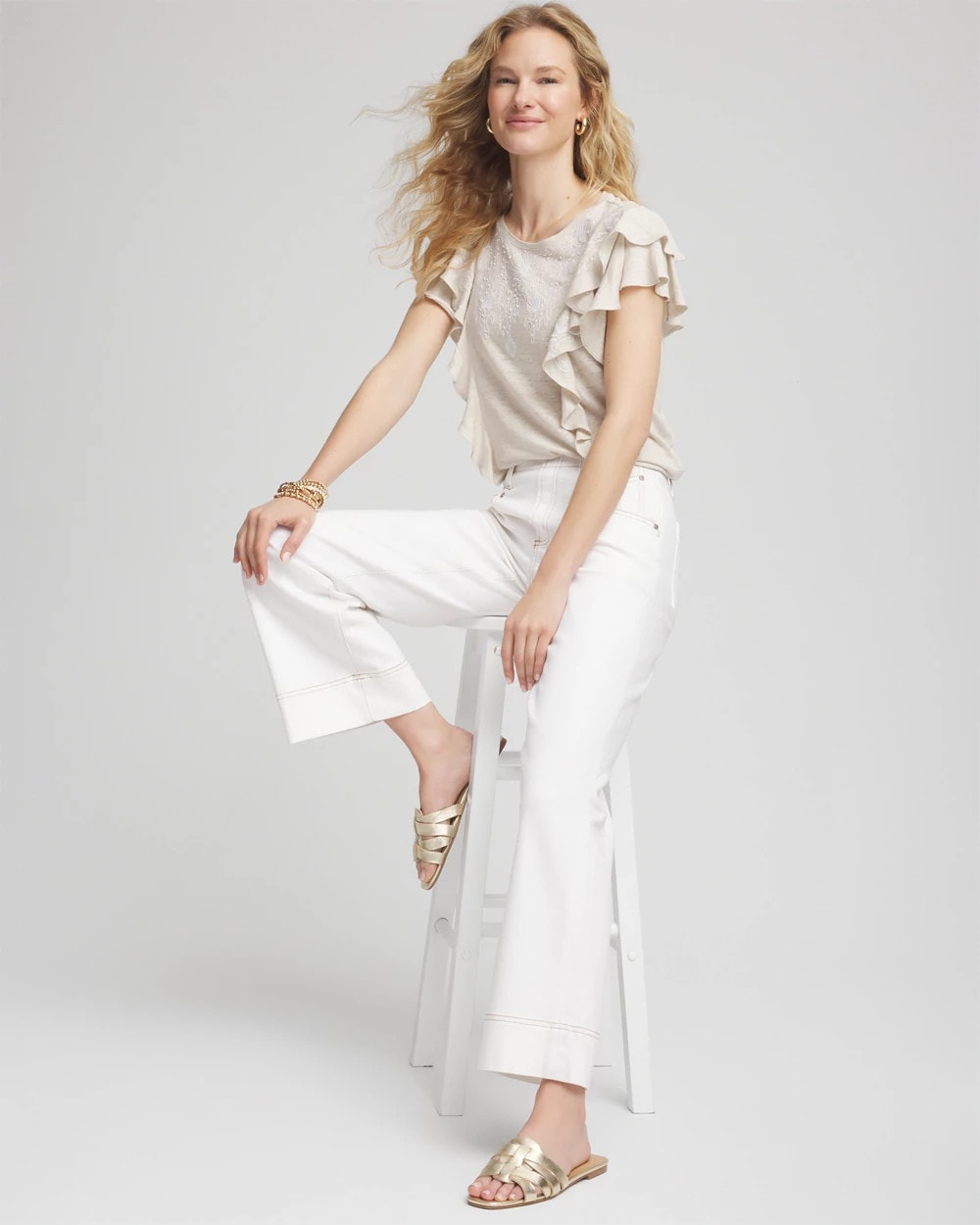 Chico's | Embroidered Flutter-Sleeve Tee/ River Rock