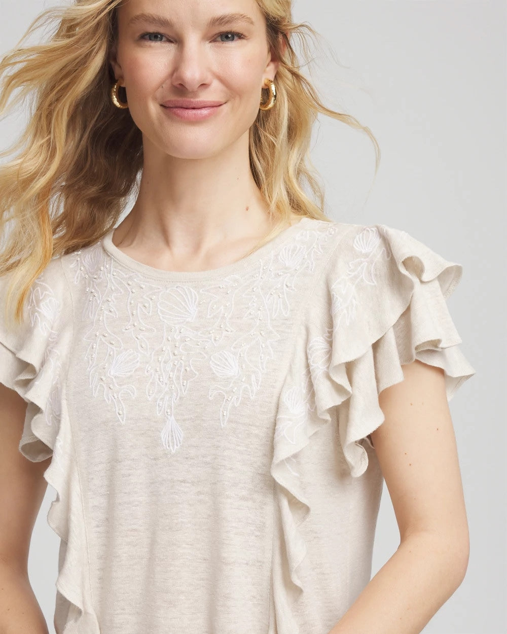 Chico's | Embroidered Flutter-Sleeve Tee/ River Rock