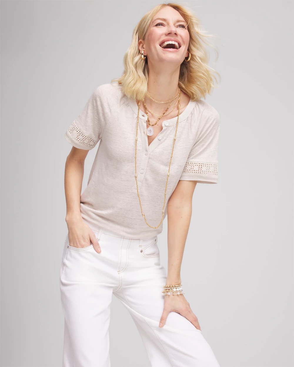Chico's | Linen Lace-Cutwork Sleeve Henley Tee/ River Rock