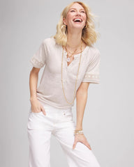 Chico's | Linen Lace-Cutwork Sleeve Henley Tee/ River Rock