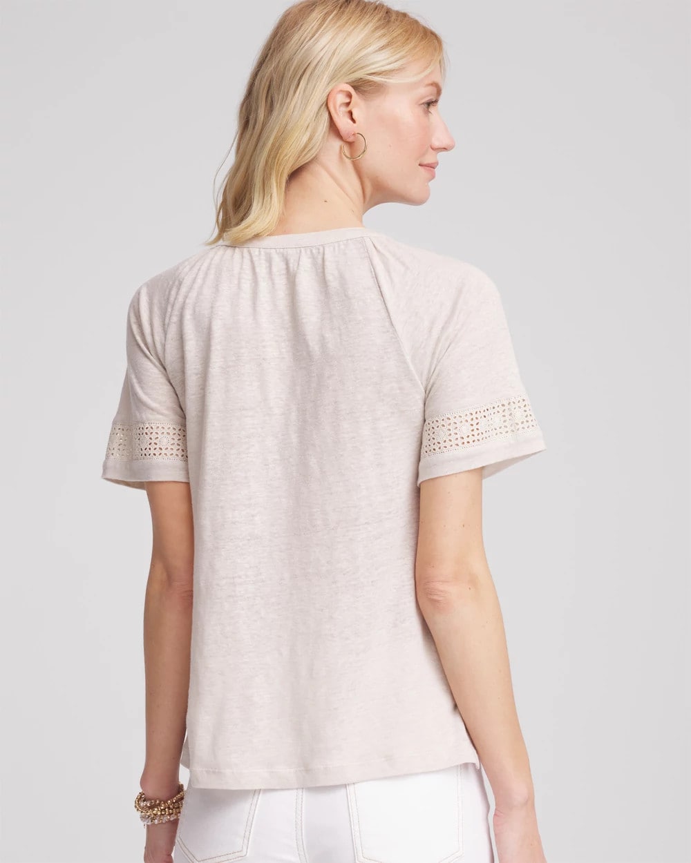 Chico's | Linen Lace-Cutwork Sleeve Henley Tee/ River Rock