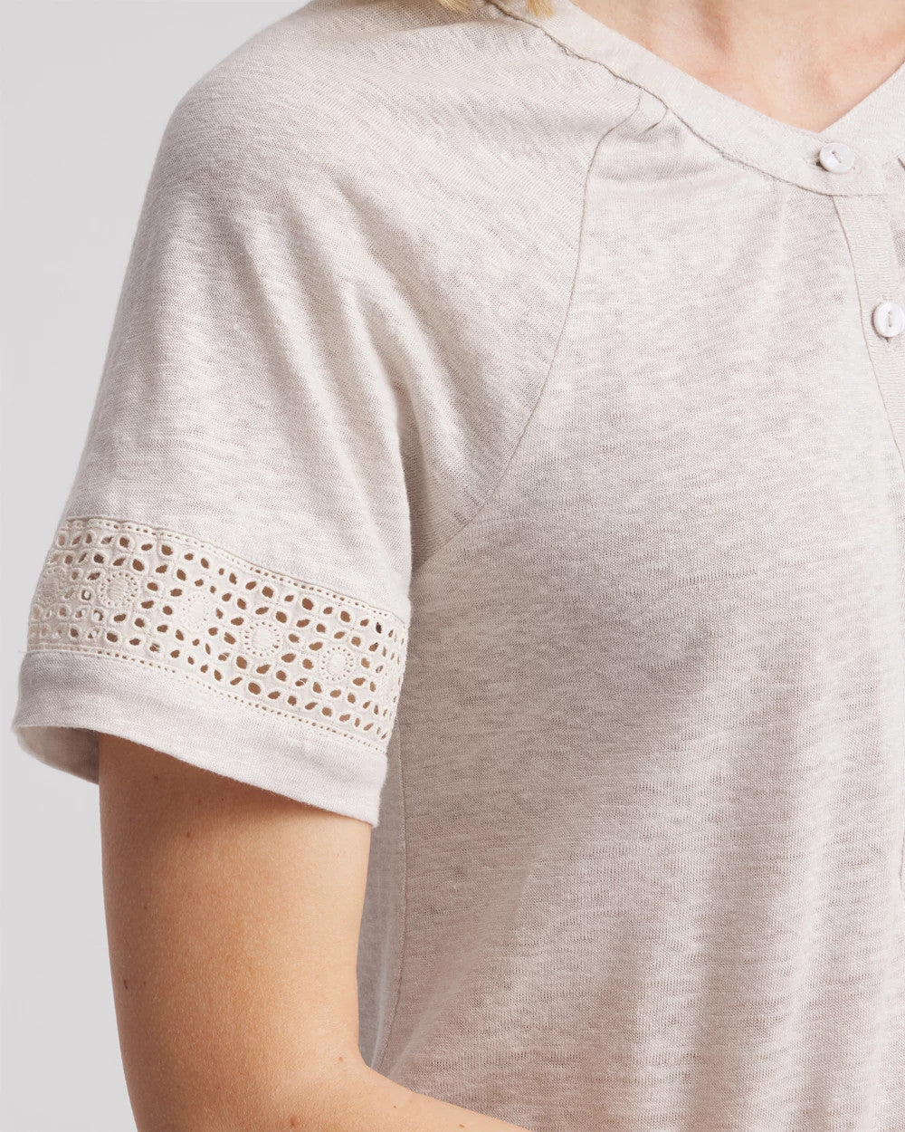 Chico's | Linen Lace-Cutwork Sleeve Henley Tee/ River Rock