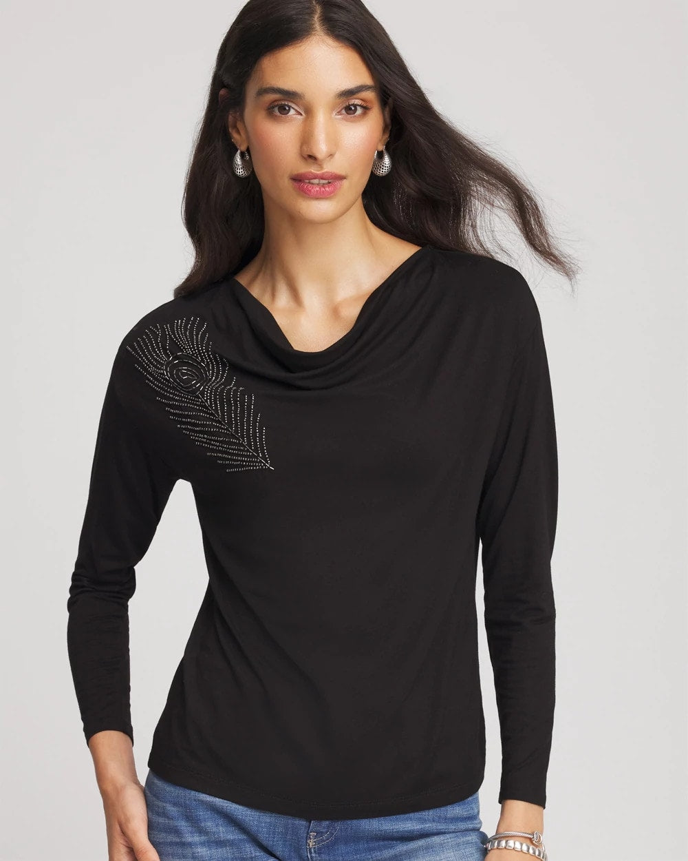 Chico's | Embellished Cowlneck Dolman Tee/ Black
