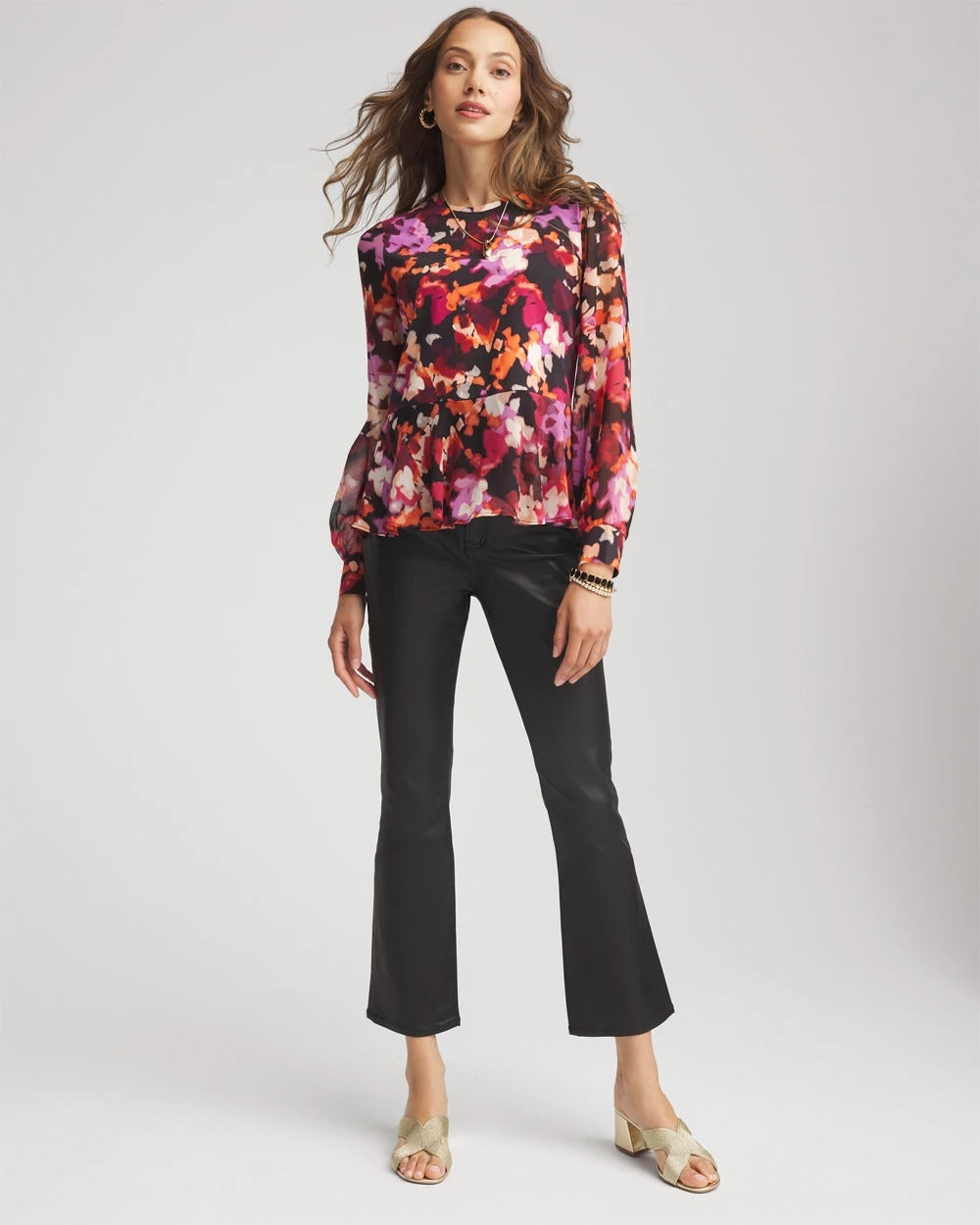 Chico's | Printed Chiffon Peplum Top/ Black