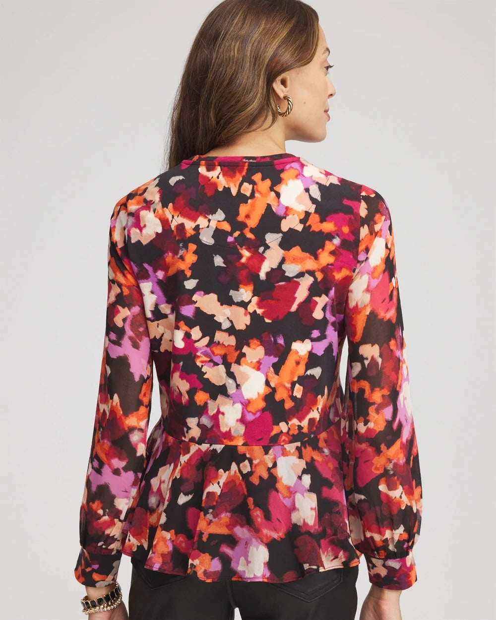 Chico's | Printed Chiffon Peplum Top/ Black