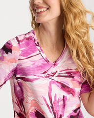 Chico's | Printed Double V-Neck Slub Rib Tee/ Ecru