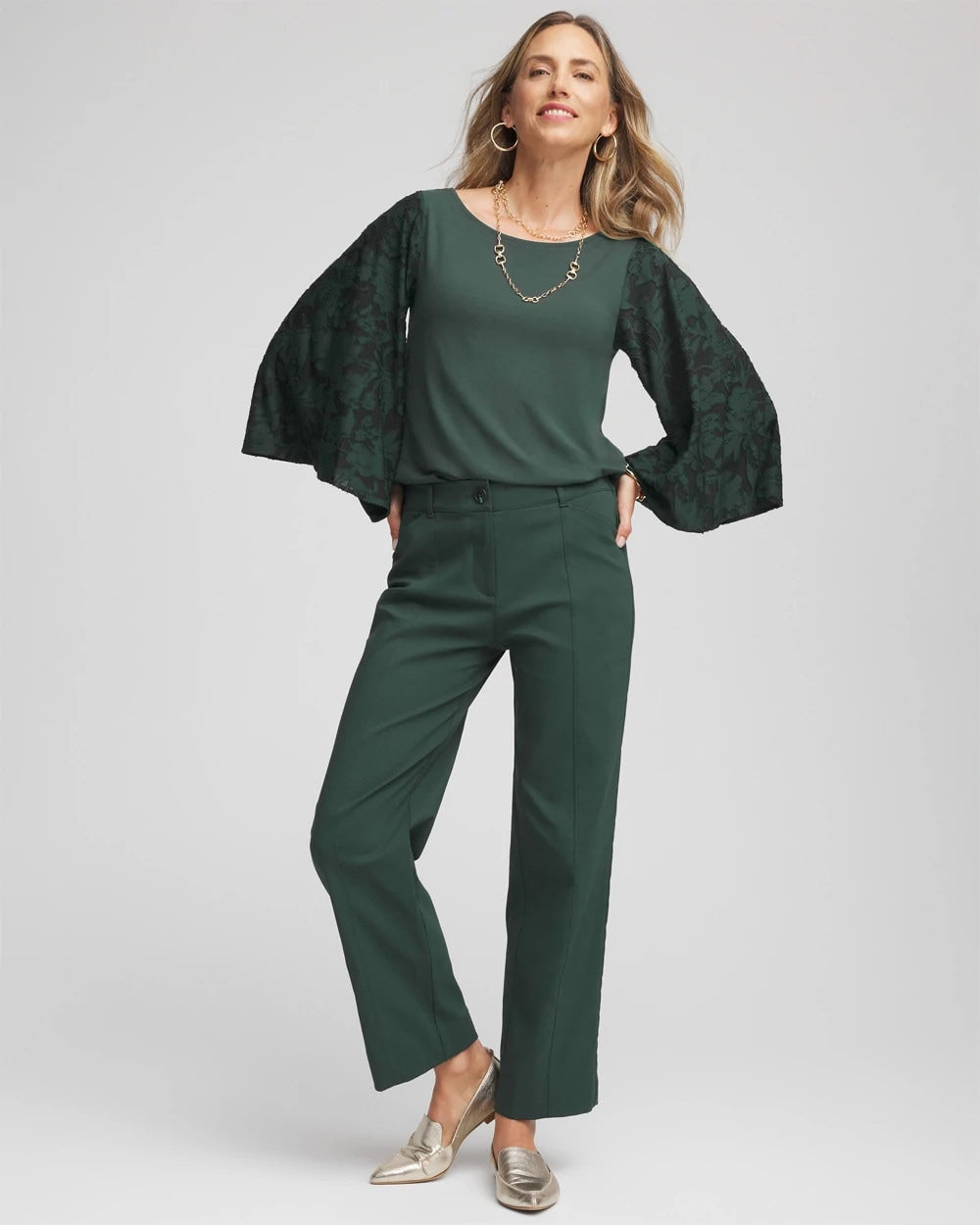 Chico's | Touch of Cool™ Burnout Angel-Sleeved Top/ Darkest Spruce