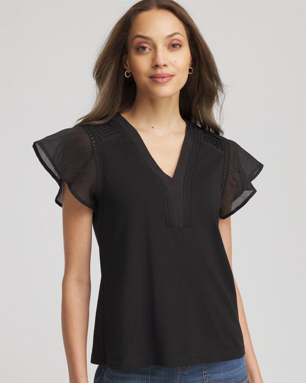 Chico's | Pleated-Trim Flutter-Sleeve Tee/ Black