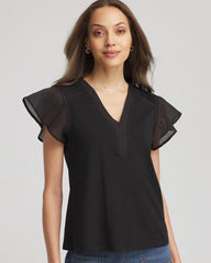 Chico's | Pleated-Trim Flutter-Sleeve Tee/ Black