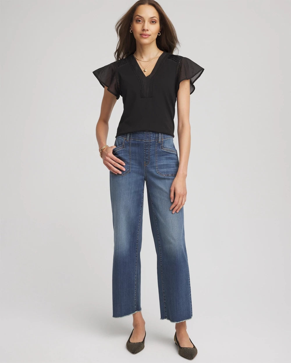 Chico's | Pleated-Trim Flutter-Sleeve Tee/ Black