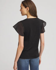 Chico's | Pleated-Trim Flutter-Sleeve Tee/ Black
