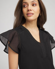 Chico's | Pleated-Trim Flutter-Sleeve Tee/ Black