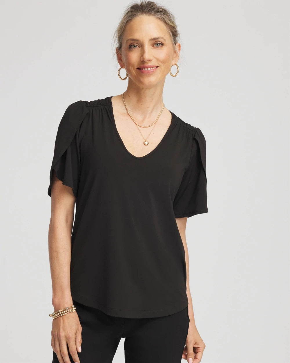 Chico's | Petal-Sleeve Voop Neck Tee/ Black