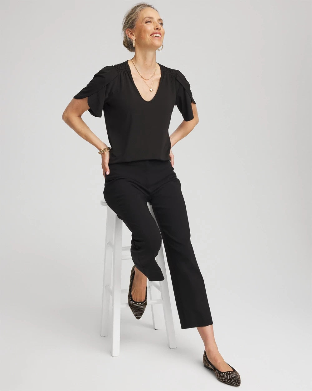 Chico's | Petal-Sleeve Voop Neck Tee/ Black