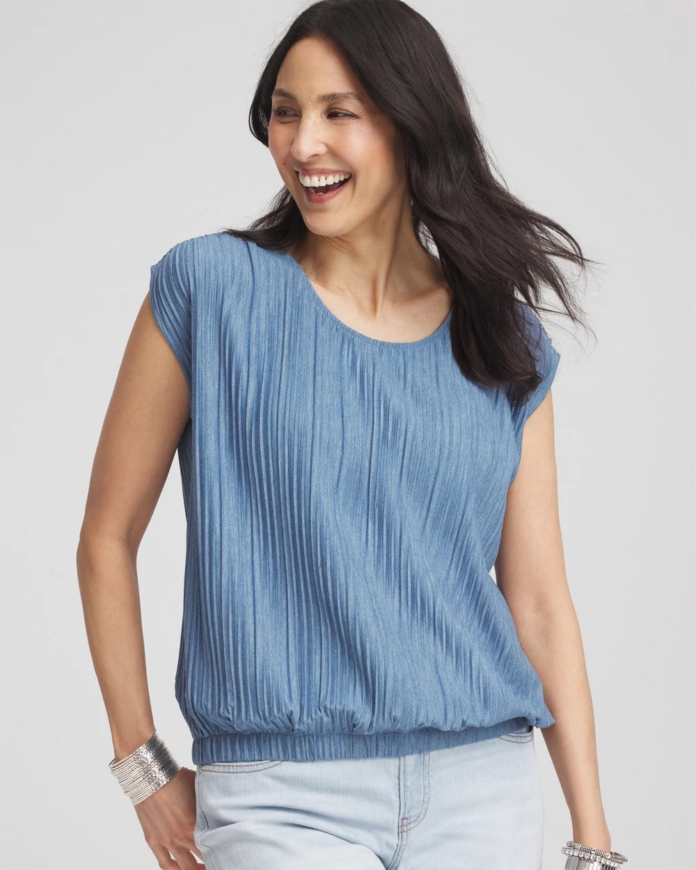 Chico's | Melange Pleated Bubble-Hem Top/ Indigo