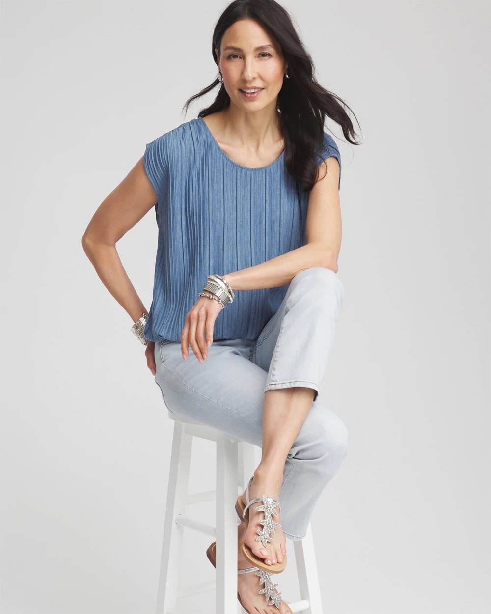 Chico's | Melange Pleated Bubble-Hem Top/ Indigo