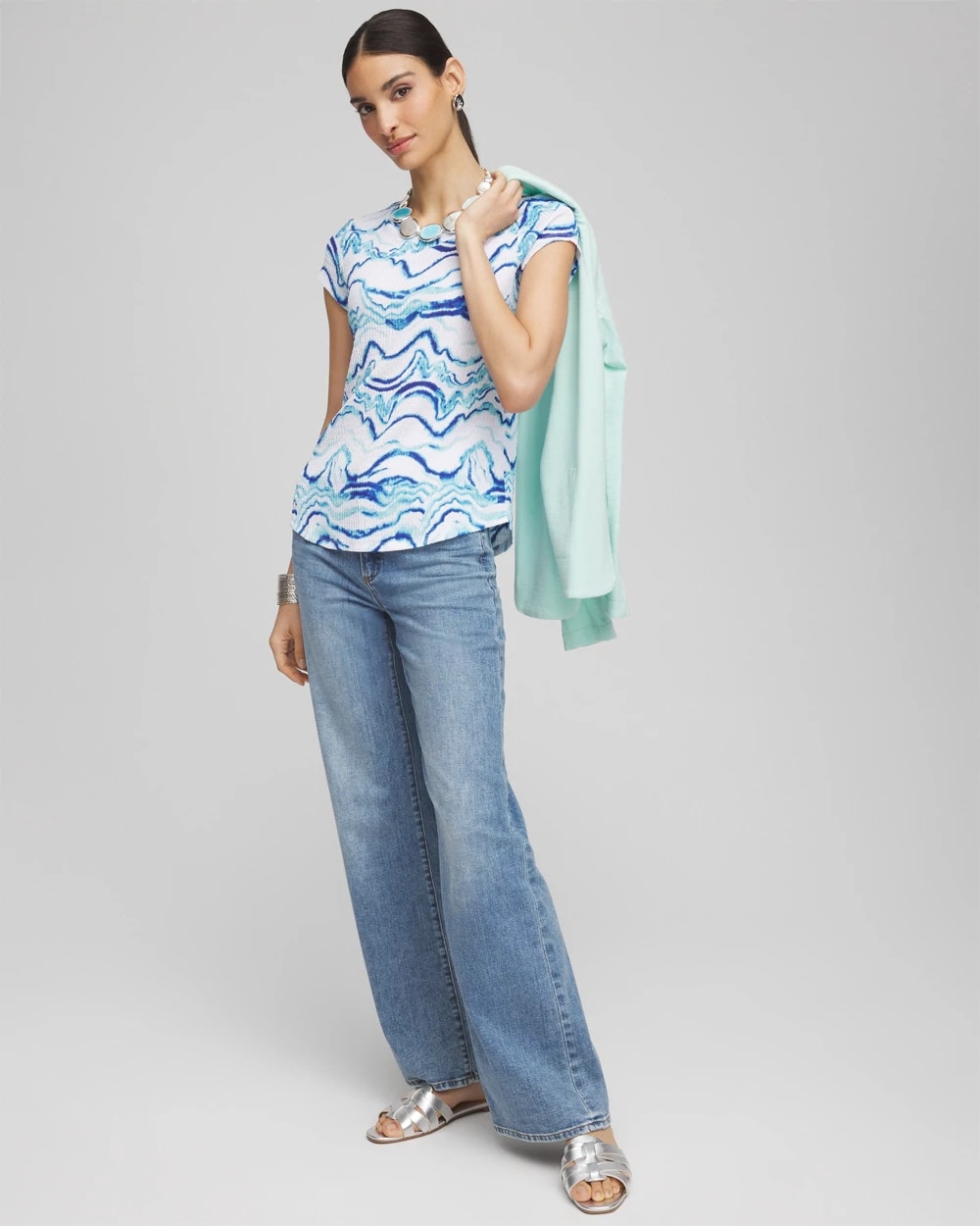Chico's | Ocean Waves Cap Sleeve Dolman Tee/ Alabaster