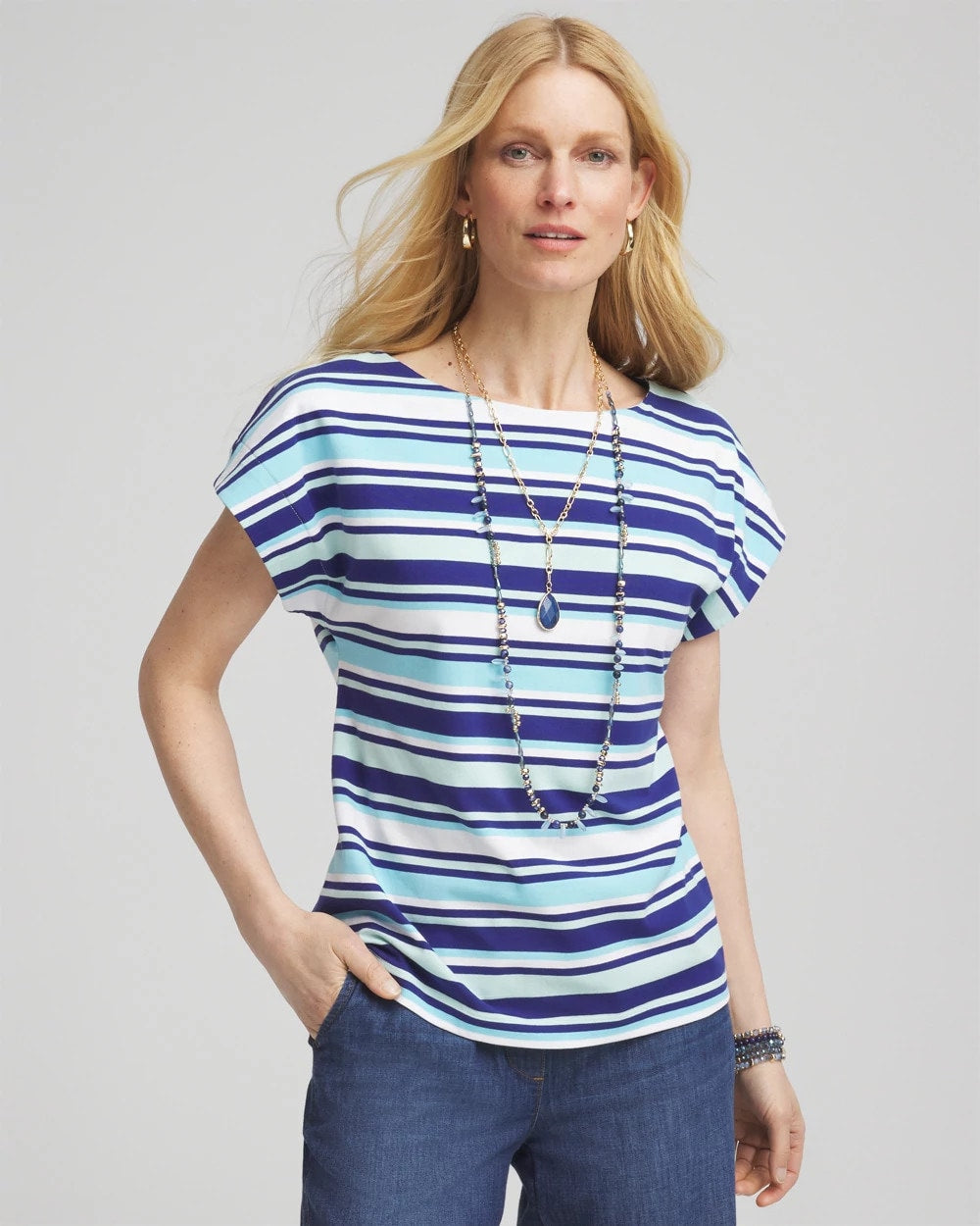 Chico's | Stripe Modern Cap Sleeve Tee/ Paradiso Blue