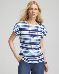 Chico's | Stripe Modern Cap Sleeve Tee/ Paradiso Blue